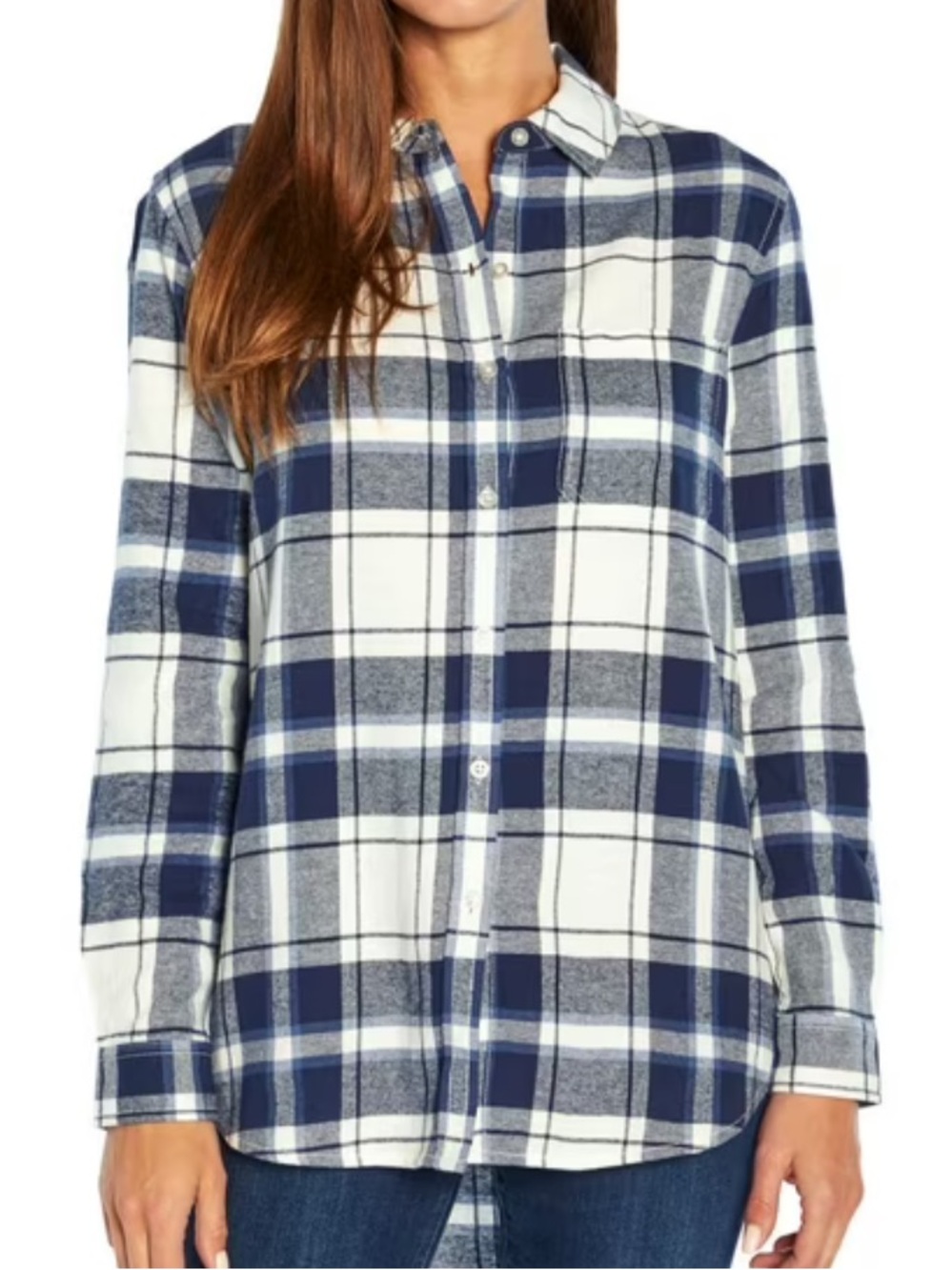 GAP Womens Navy and White Plaid Button-Down Boyfriend Flannel Shirt NWT
